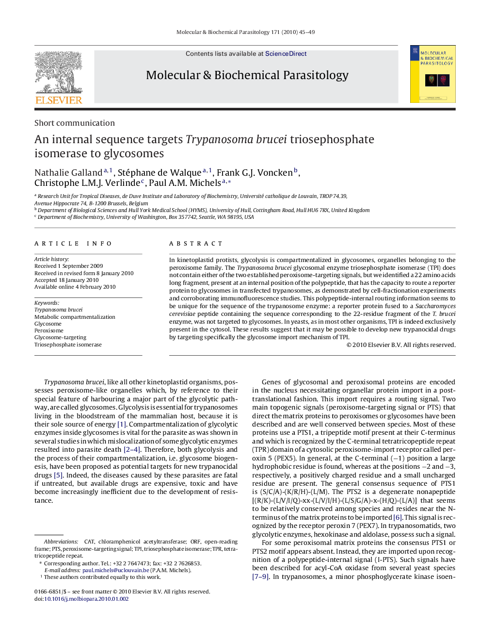 An internal sequence targets Trypanosoma brucei triosephosphate isomerase to glycosomes