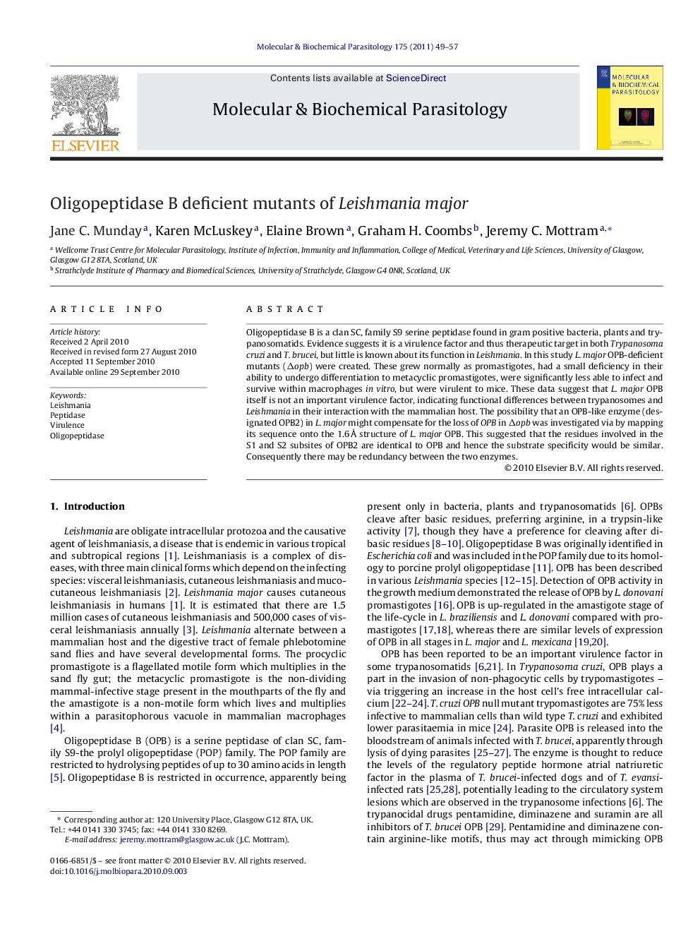 Oligopeptidase B deficient mutants of Leishmania major