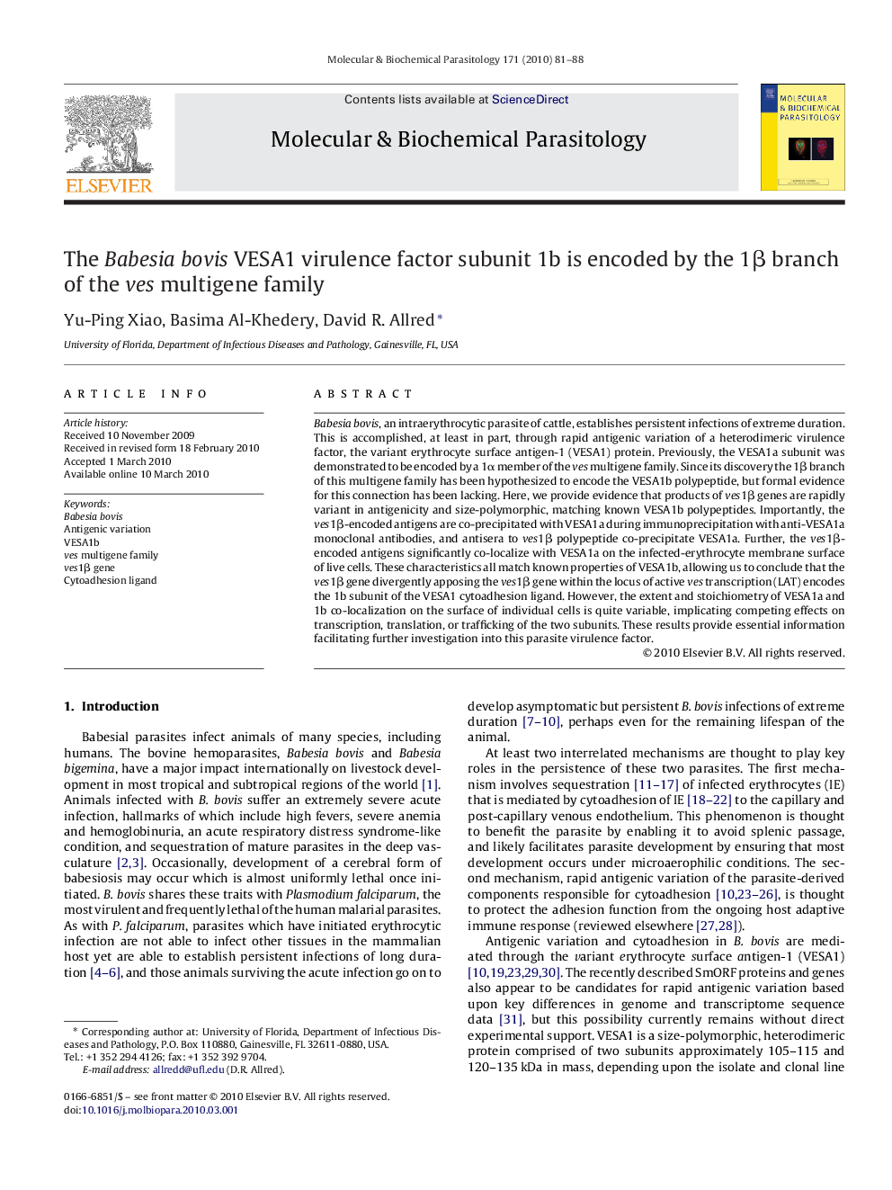 The Babesia bovis VESA1 virulence factor subunit 1b is encoded by the 1Î² branch of the ves multigene family