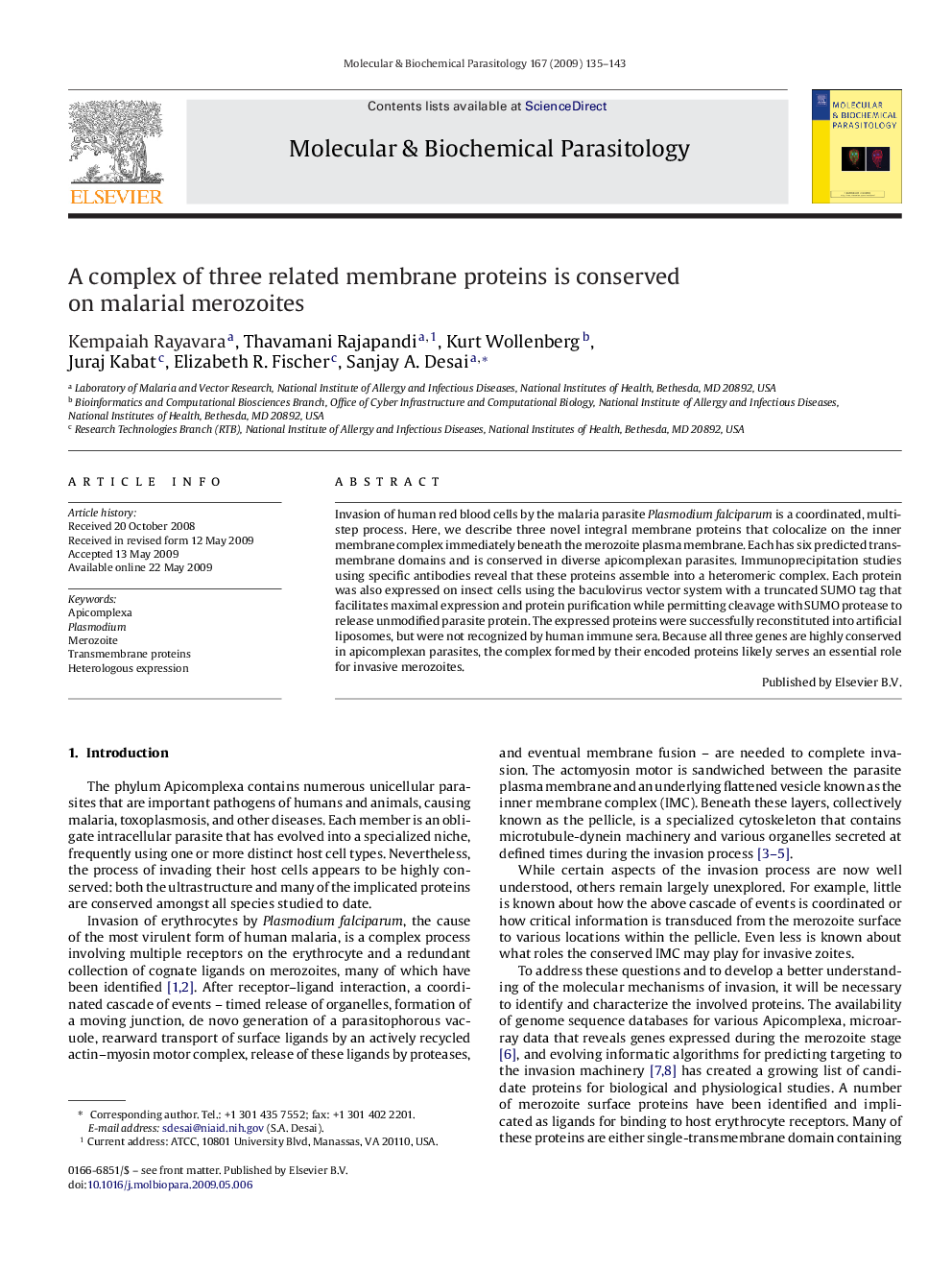 A complex of three related membrane proteins is conserved on malarial merozoites