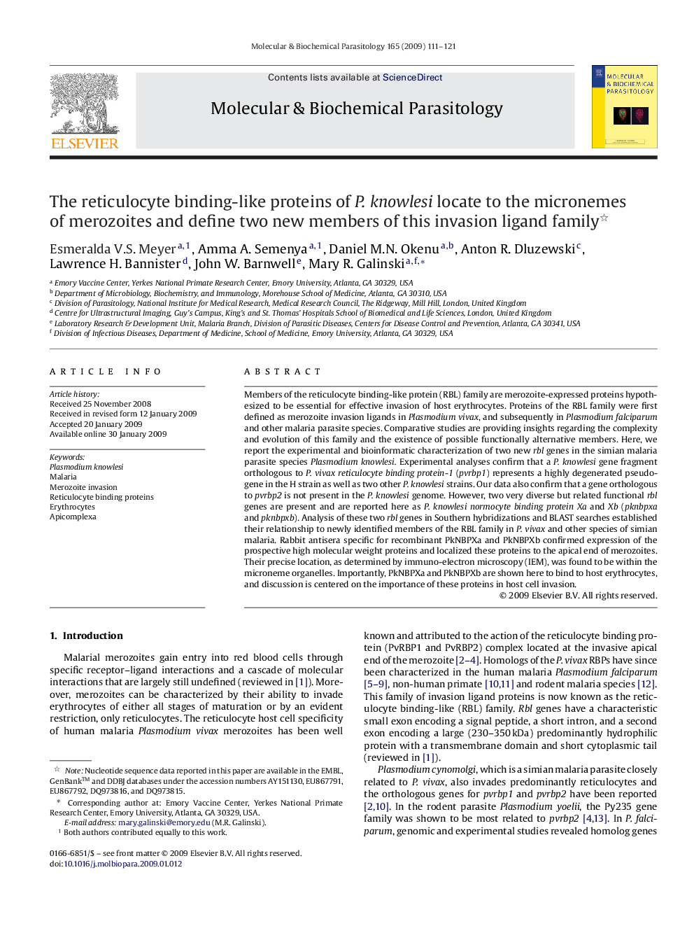 The reticulocyte binding-like proteins of P. knowlesi locate to the micronemes of merozoites and define two new members of this invasion ligand family 