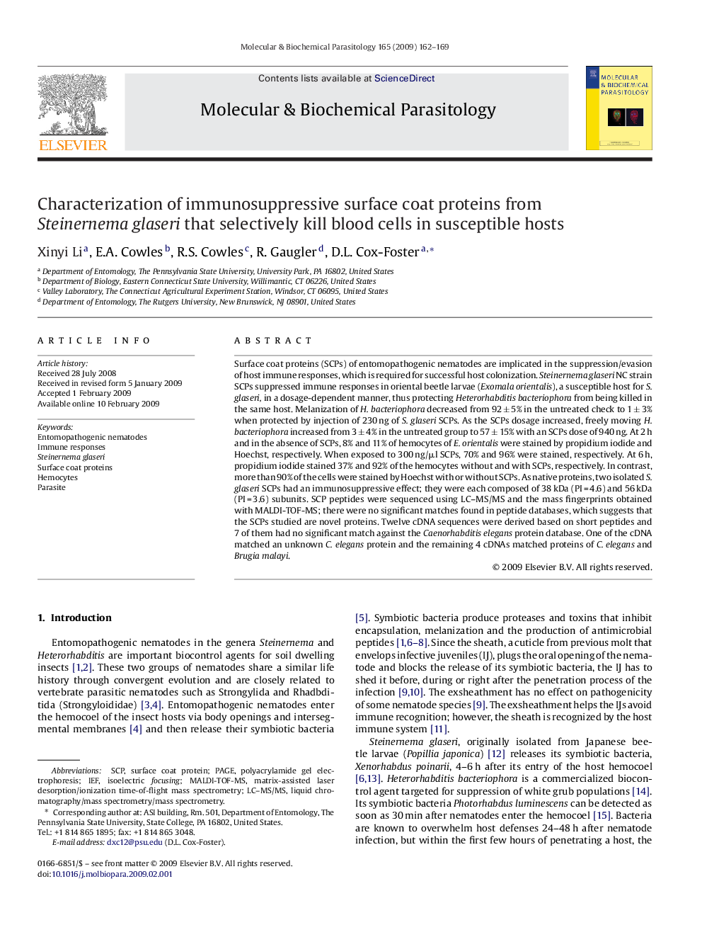 Characterization of immunosuppressive surface coat proteins from Steinernema glaseri that selectively kill blood cells in susceptible hosts