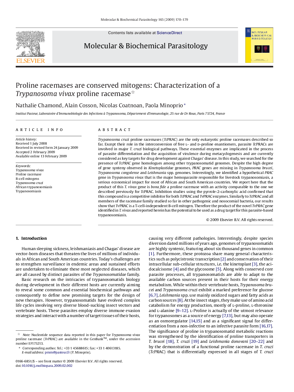 Proline racemases are conserved mitogens: Characterization of a Trypanosoma vivax proline racemase 