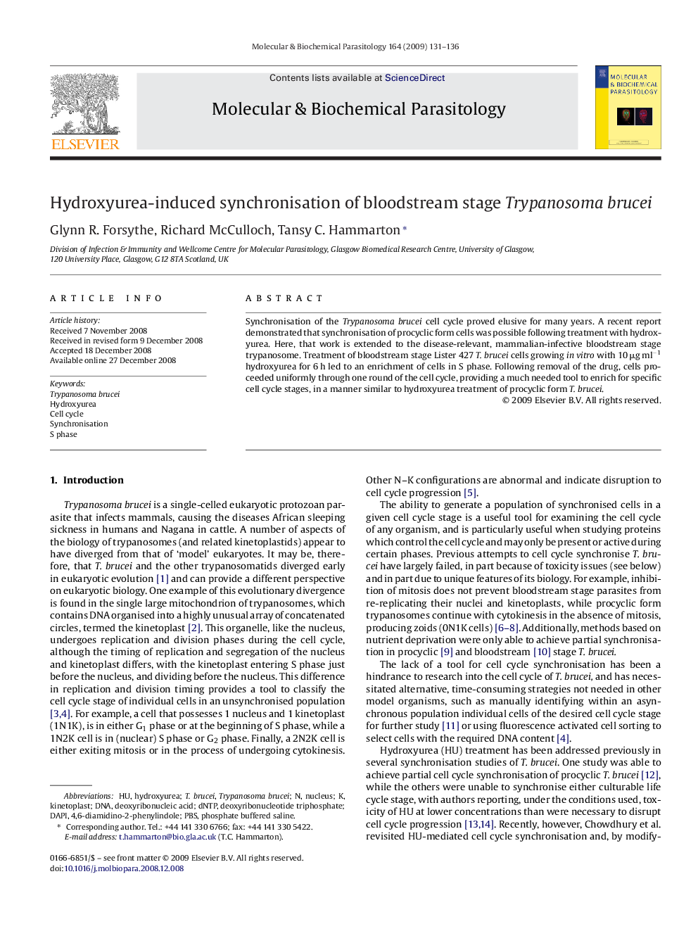 Hydroxyurea-induced synchronisation of bloodstream stage Trypanosoma brucei