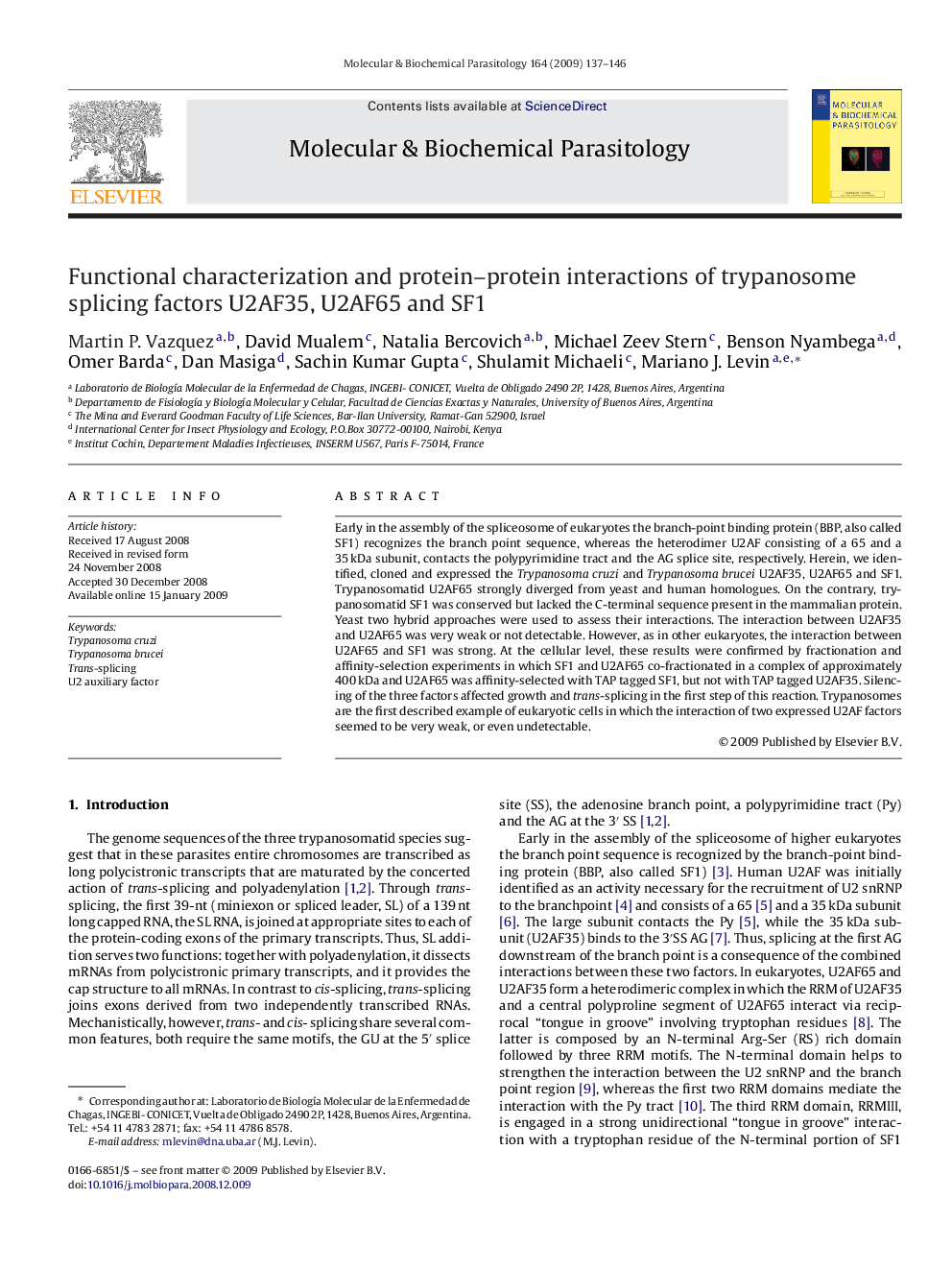 Functional characterization and protein-protein interactions of trypanosome splicing factors U2AF35, U2AF65 and SF1