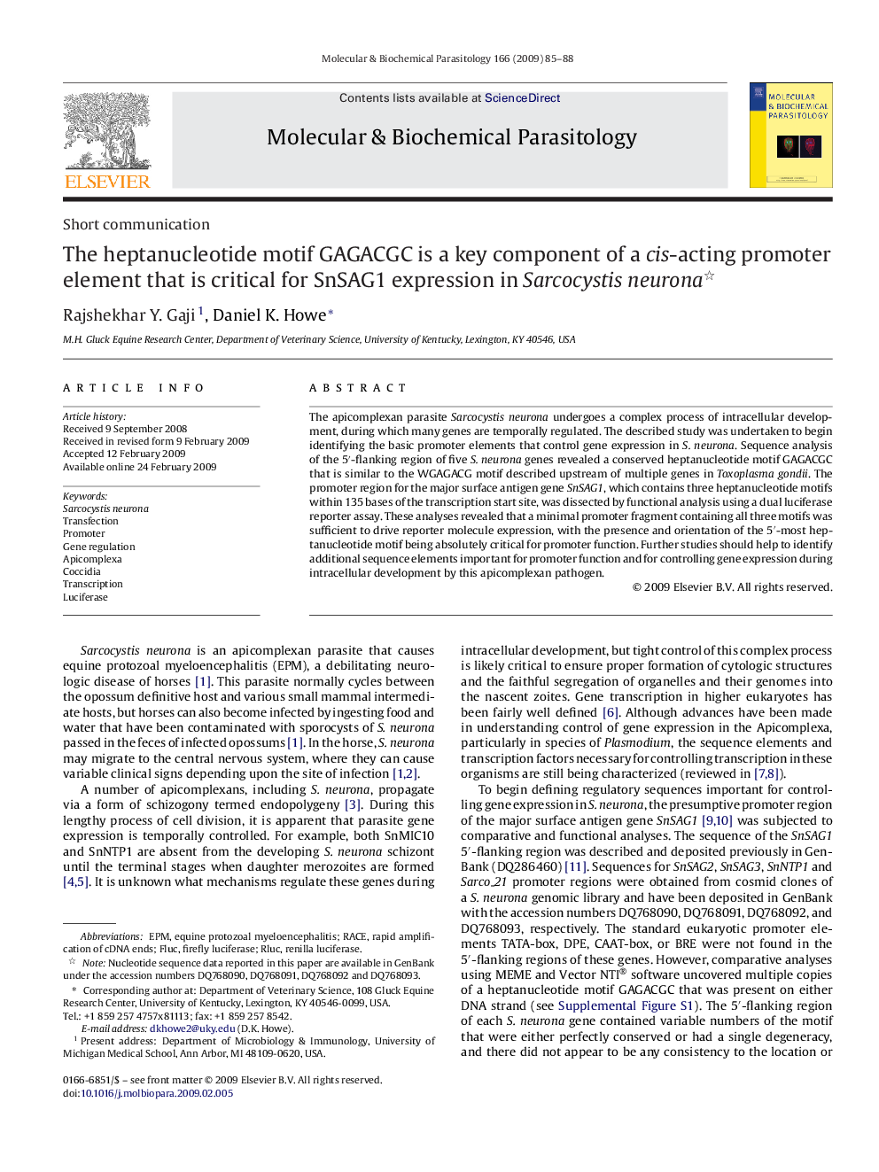 The heptanucleotide motif GAGACGC is a key component of a cis-acting promoter element that is critical for SnSAG1 expression in Sarcocystis neurona