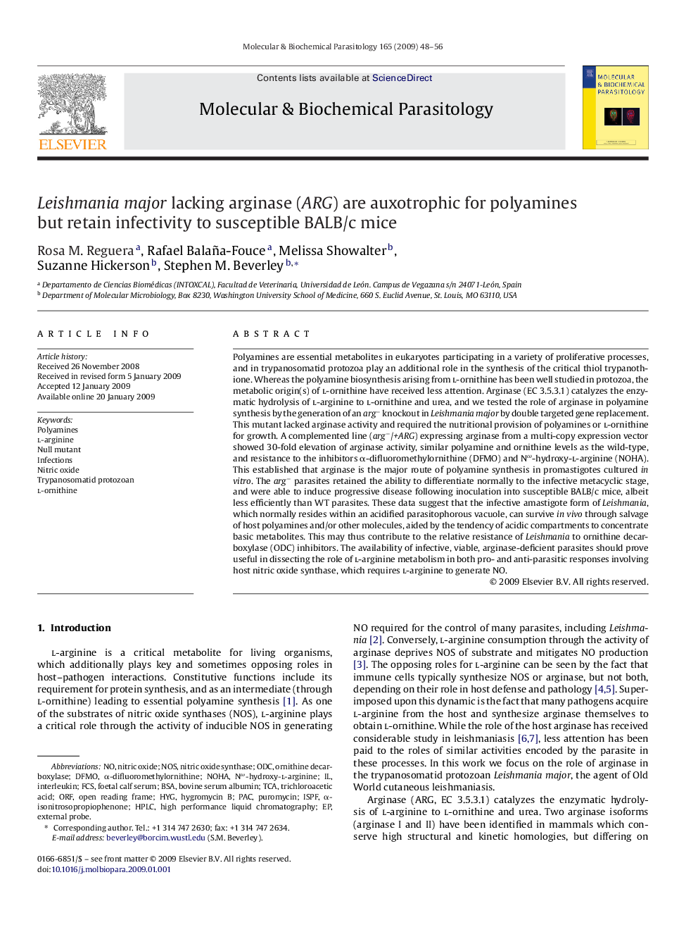 Leishmania major lacking arginase (ARG) are auxotrophic for polyamines but retain infectivity to susceptible BALB/c mice