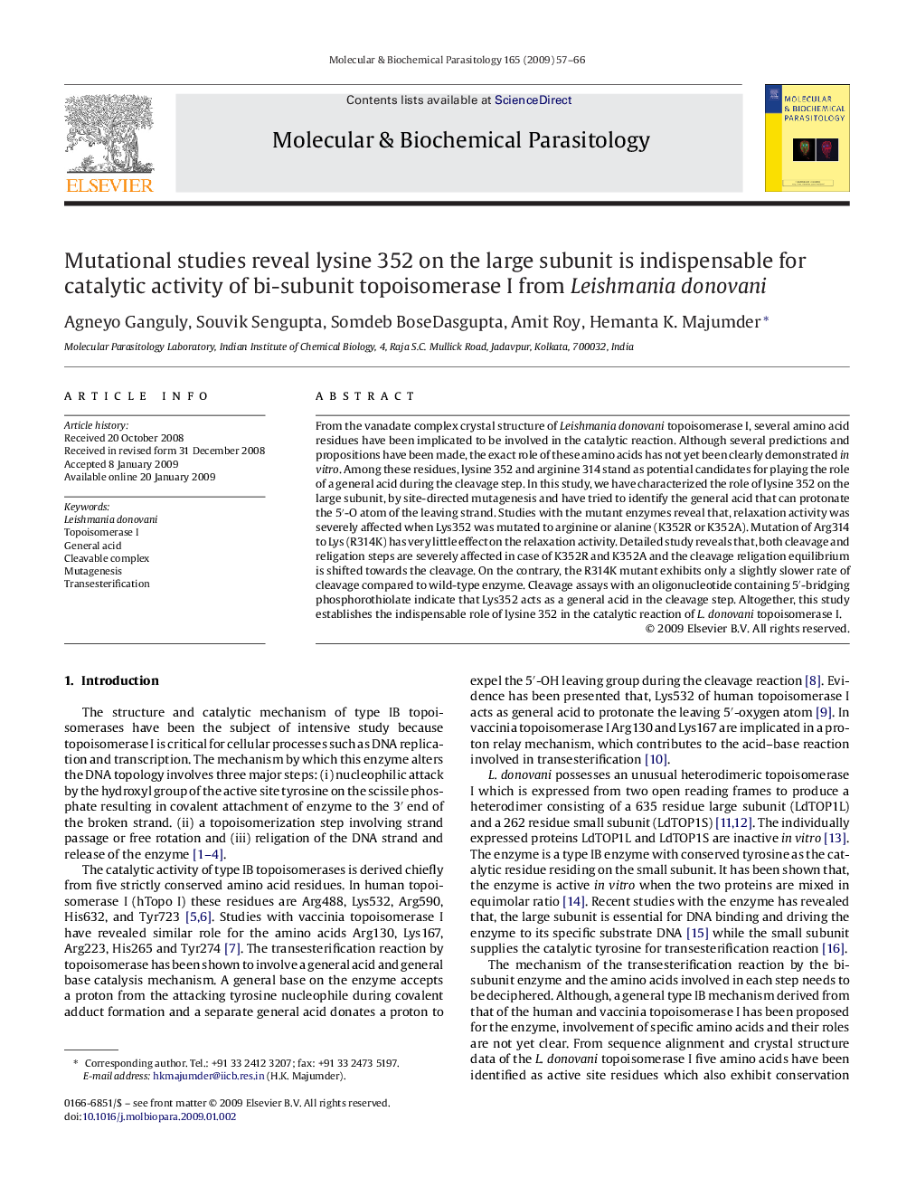 Mutational studies reveal lysine 352 on the large subunit is indispensable for catalytic activity of bi-subunit topoisomerase I from Leishmania donovani