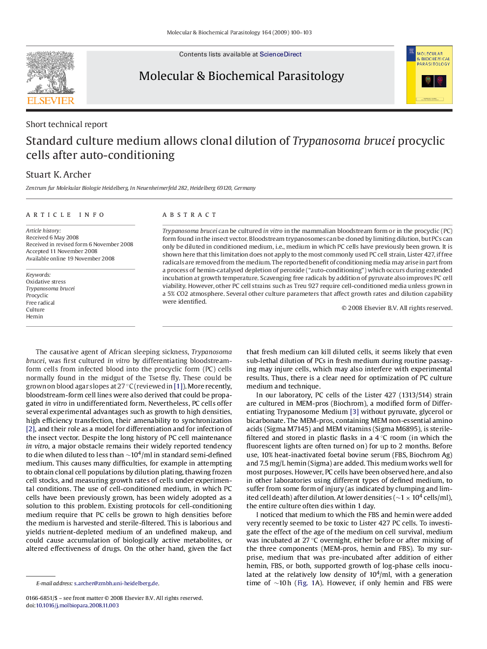 Standard culture medium allows clonal dilution of Trypanosoma brucei procyclic cells after auto-conditioning