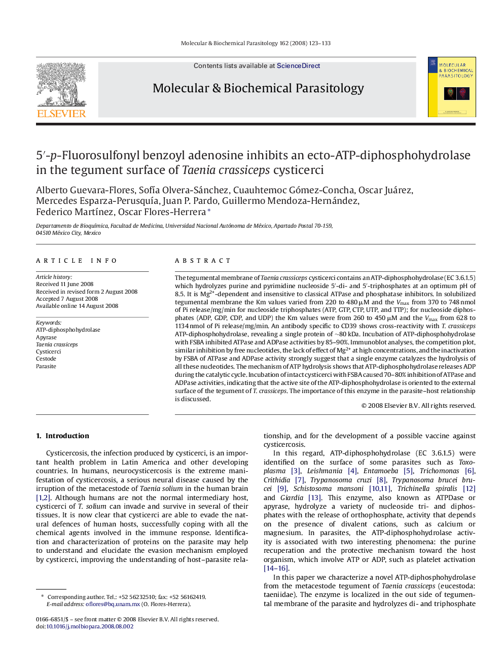 5â²-p-Fluorosulfonyl benzoyl adenosine inhibits an ecto-ATP-diphosphohydrolase in the tegument surface of Taenia crassiceps cysticerci