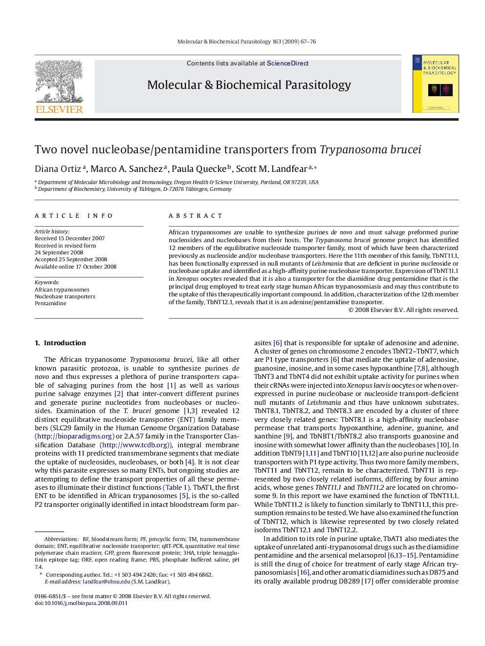 Two novel nucleobase/pentamidine transporters from Trypanosoma brucei