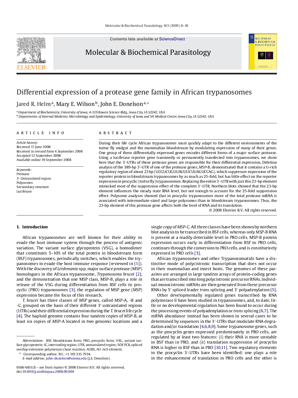 Differential expression of a protease gene family in African trypanosomes