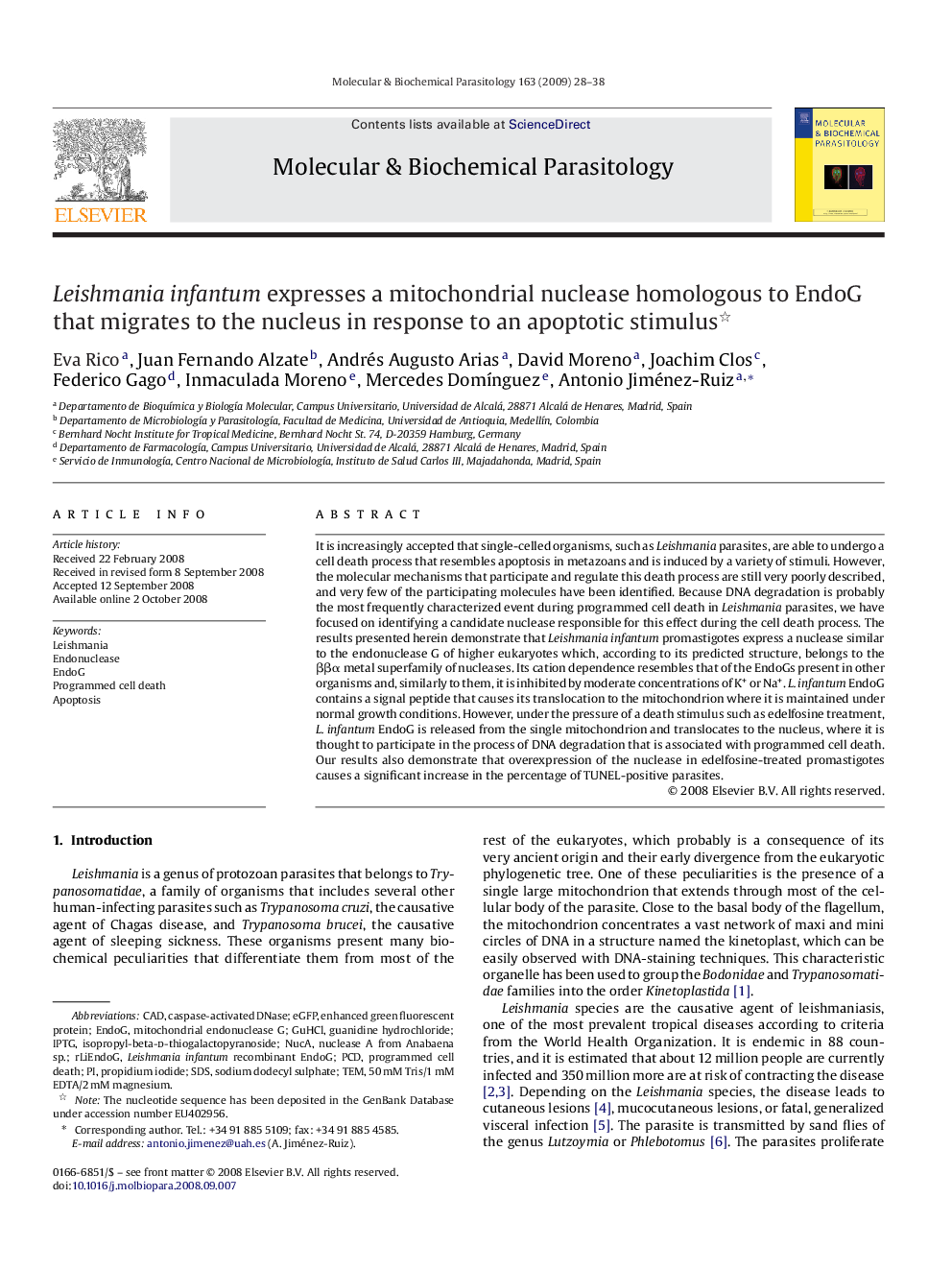 Leishmania infantum expresses a mitochondrial nuclease homologous to EndoG that migrates to the nucleus in response to an apoptotic stimulus 