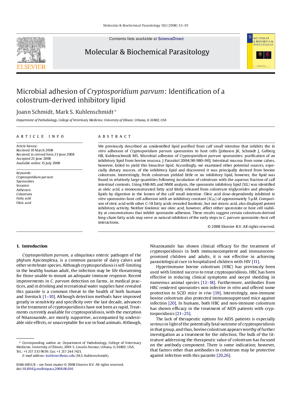 Microbial adhesion of Cryptosporidium parvum: Identification of a colostrum-derived inhibitory lipid