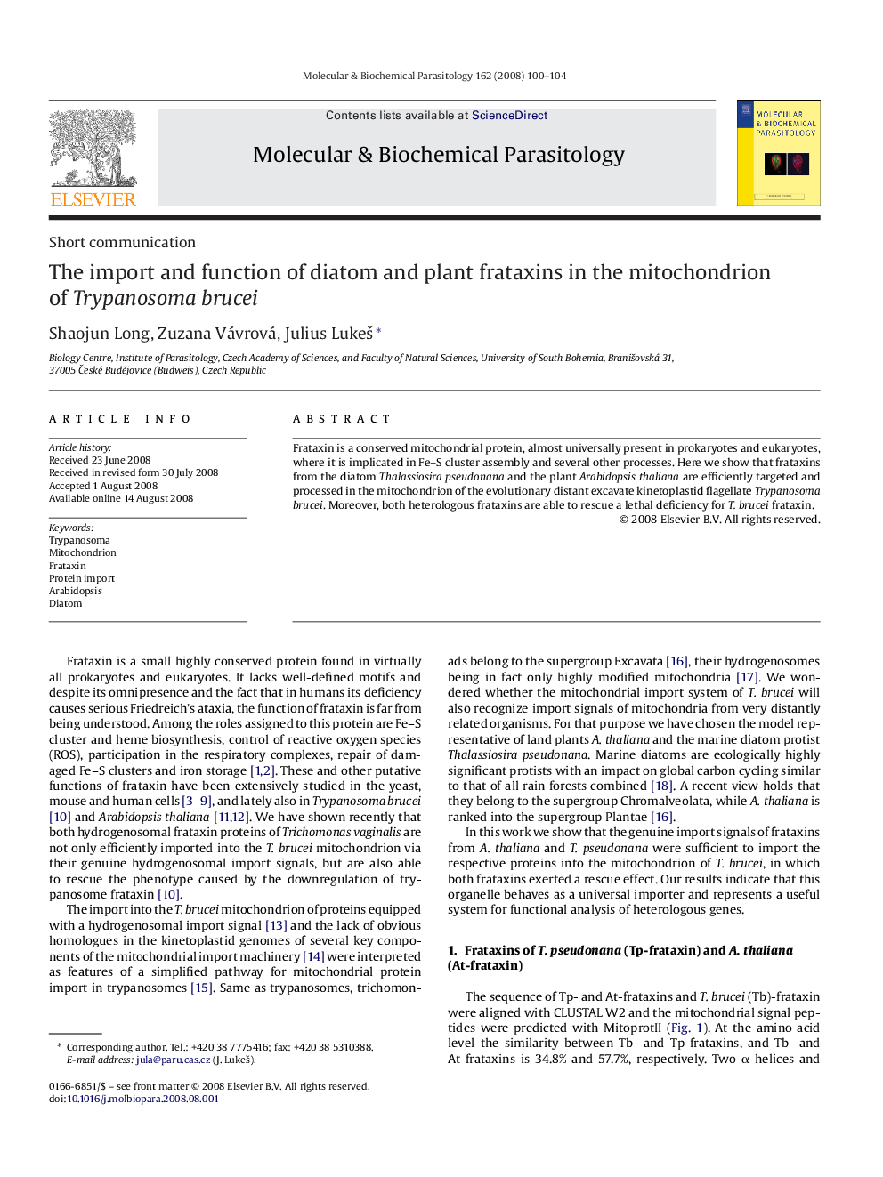 The import and function of diatom and plant frataxins in the mitochondrion of Trypanosoma brucei