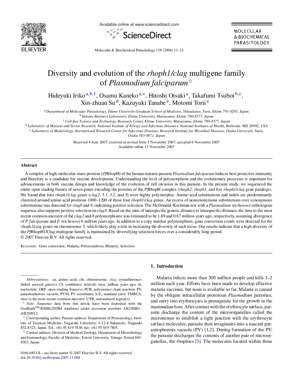 Diversity and evolution of the rhoph1/clag multigene family of Plasmodium falciparum 