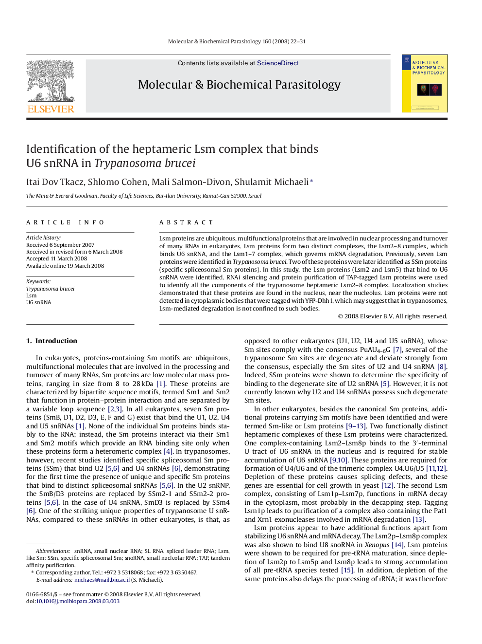 Identification of the heptameric Lsm complex that binds U6 snRNA in Trypanosoma brucei