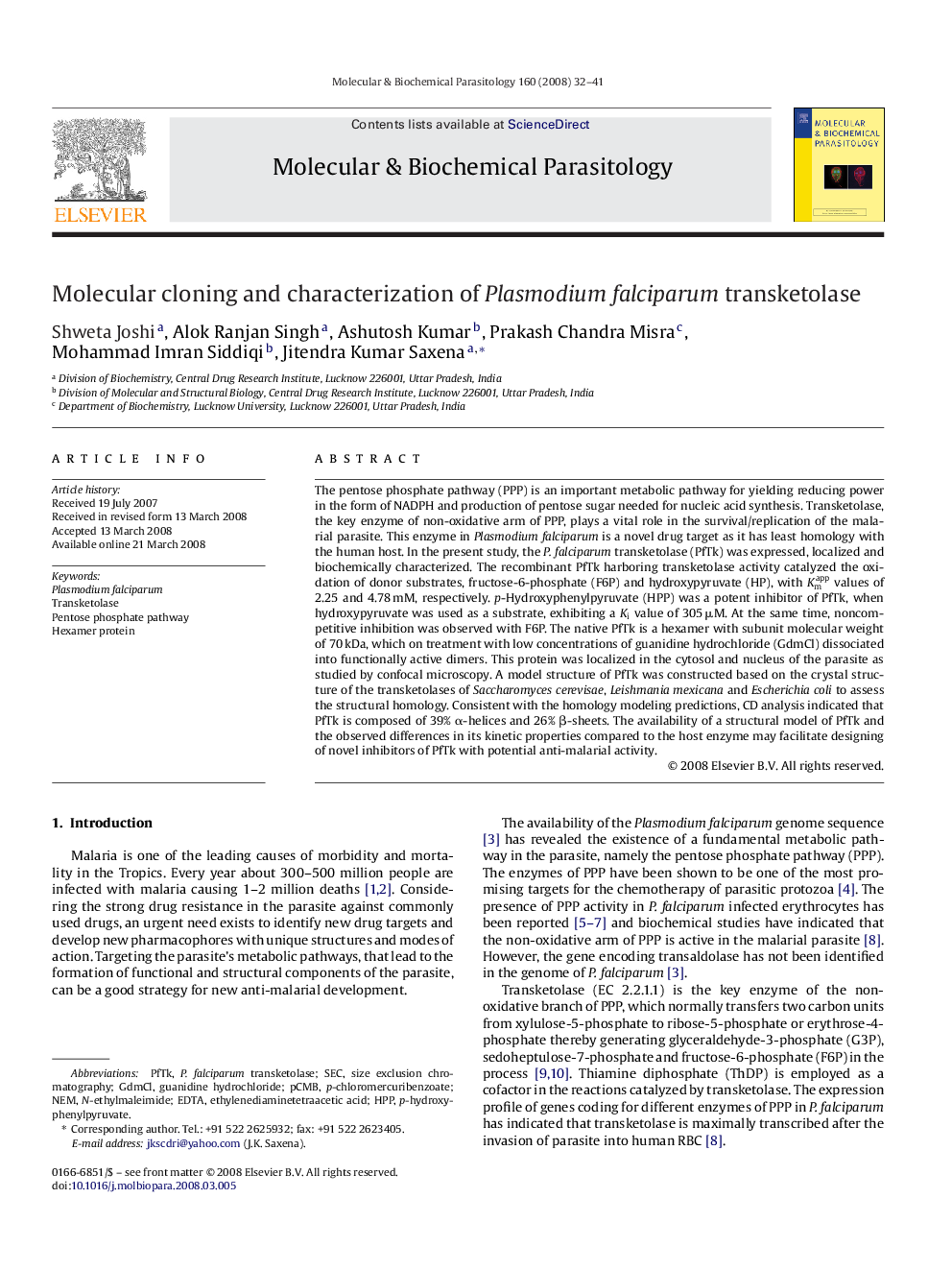 Molecular cloning and characterization of Plasmodium falciparum transketolase