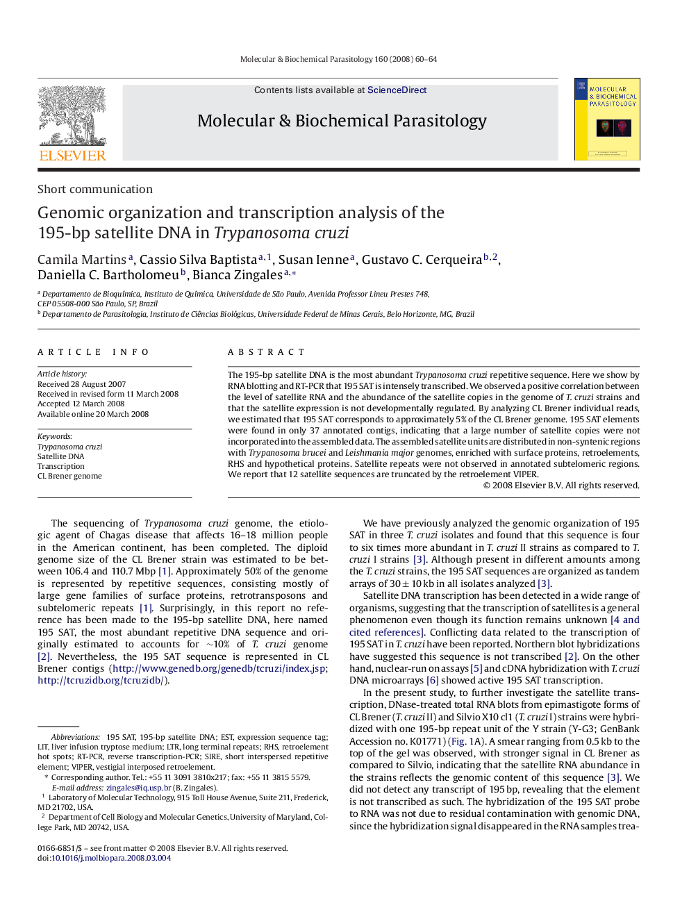 Genomic organization and transcription analysis of the 195-bp satellite DNA in Trypanosoma cruzi