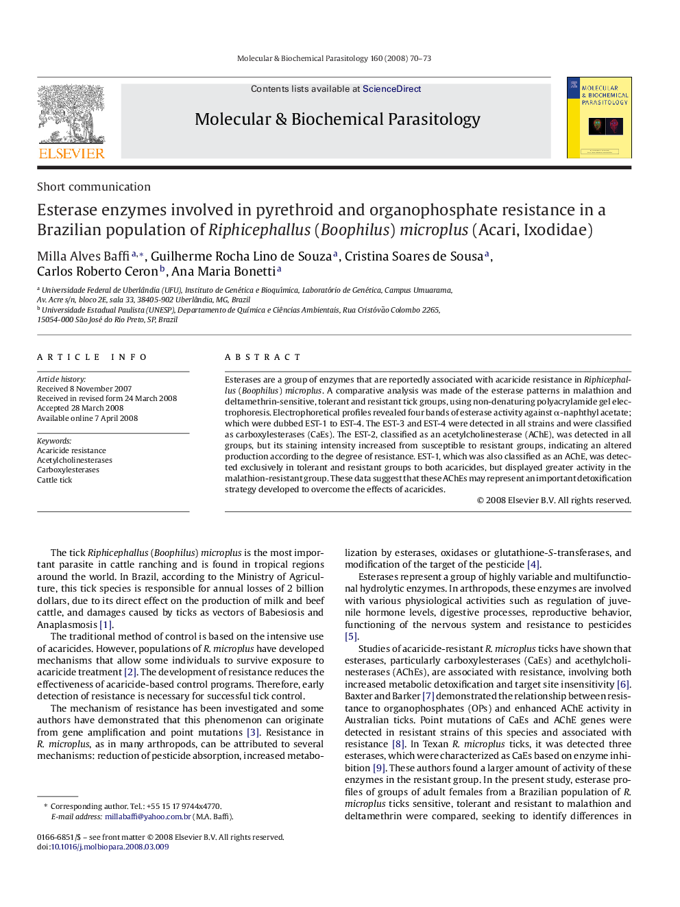 Esterase enzymes involved in pyrethroid and organophosphate resistance in a Brazilian population of Riphicephallus (Boophilus) microplus (Acari, Ixodidae)