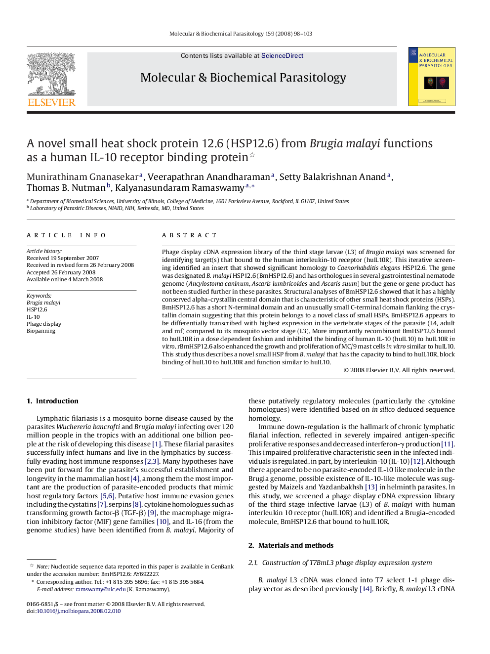 A novel small heat shock protein 12.6 (HSP12.6) from Brugia malayi functions as a human IL-10 receptor binding protein