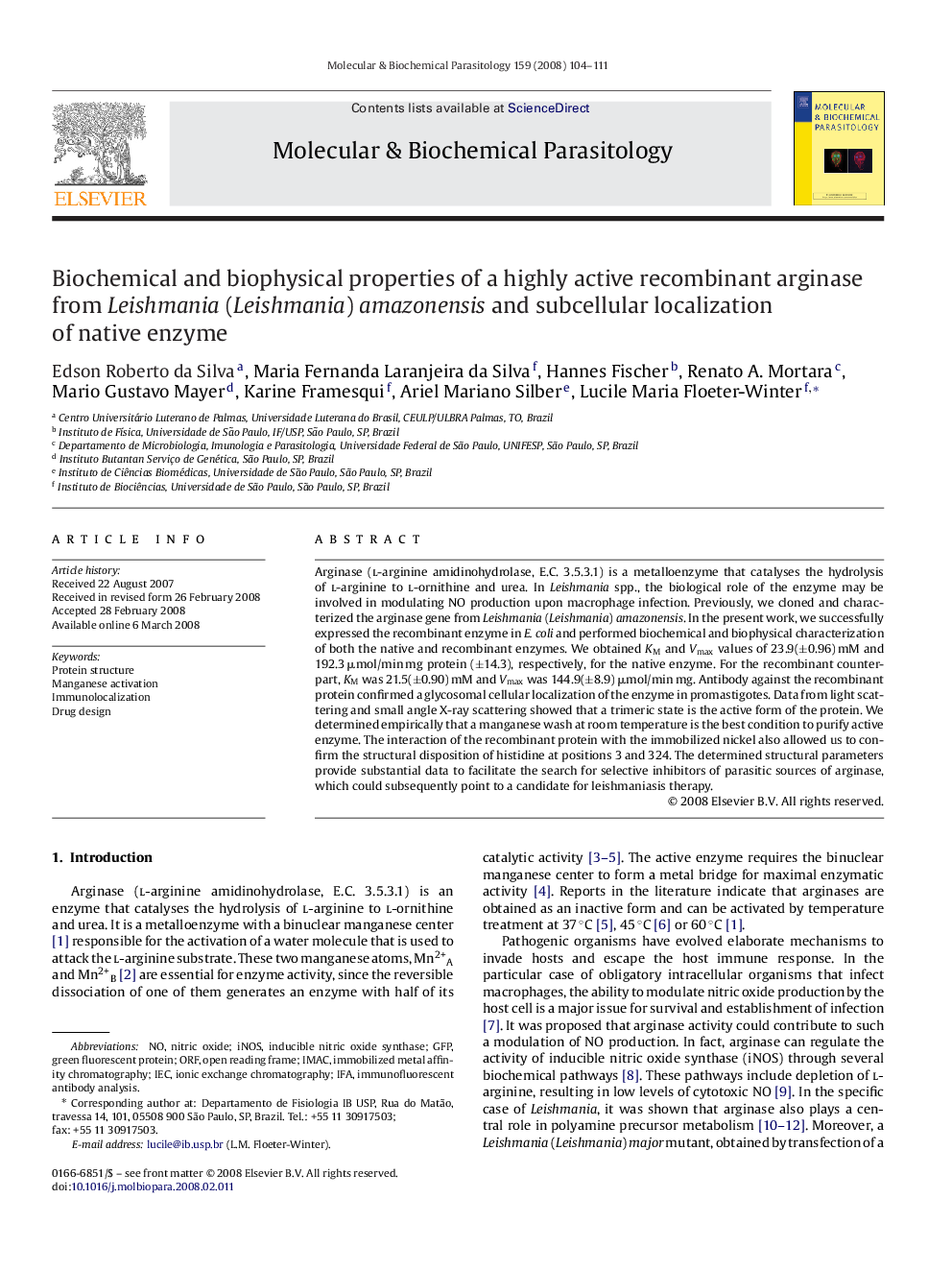 Biochemical and biophysical properties of a highly active recombinant arginase from Leishmania (Leishmania) amazonensis and subcellular localization of native enzyme