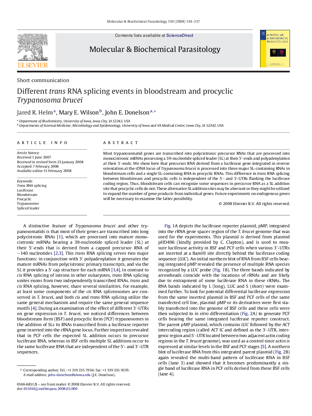 Different trans RNA splicing events in bloodstream and procyclic Trypanosoma brucei