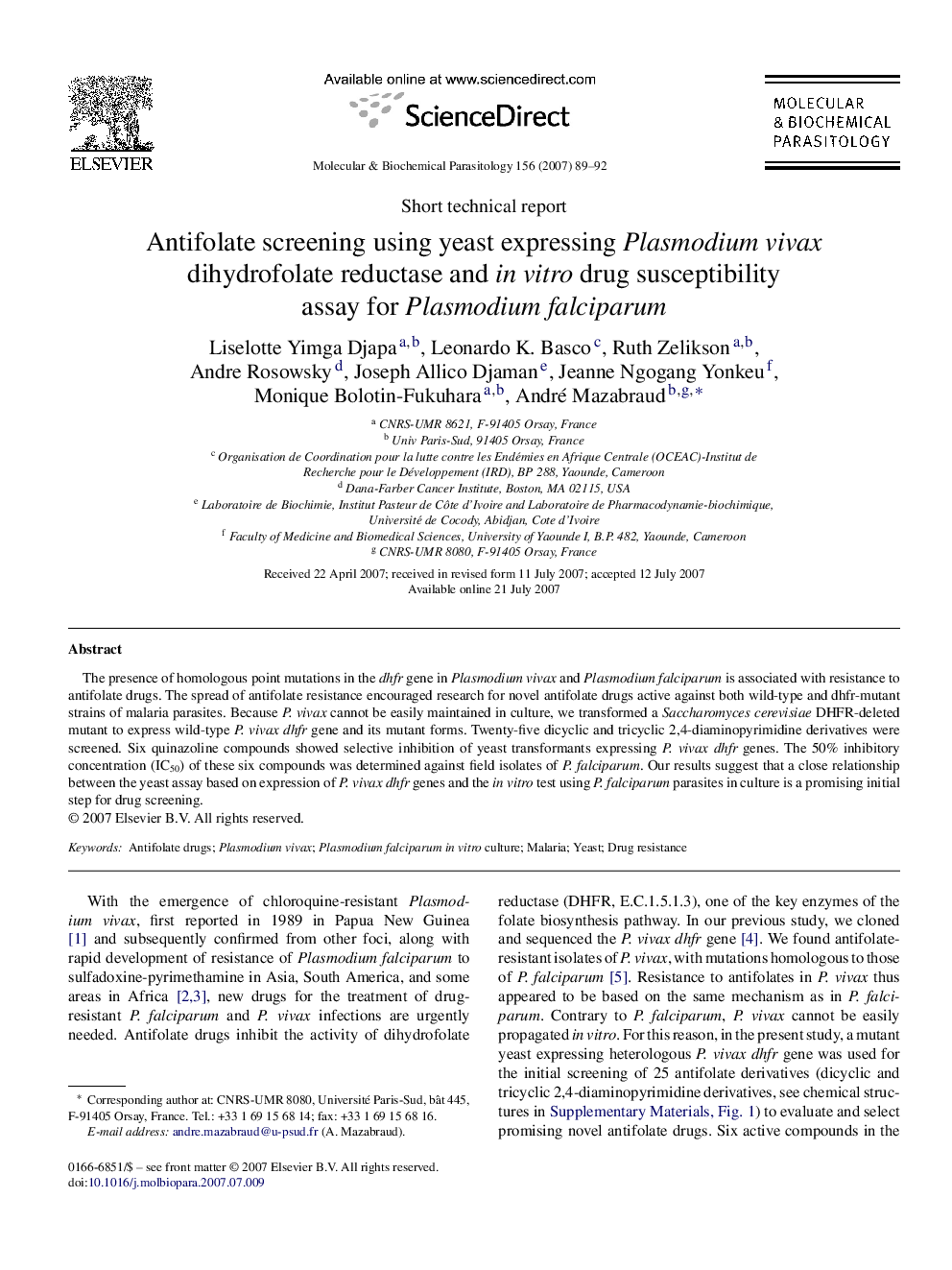 Antifolate screening using yeast expressing Plasmodium vivax dihydrofolate reductase and in vitro drug susceptibility assay for Plasmodium falciparum