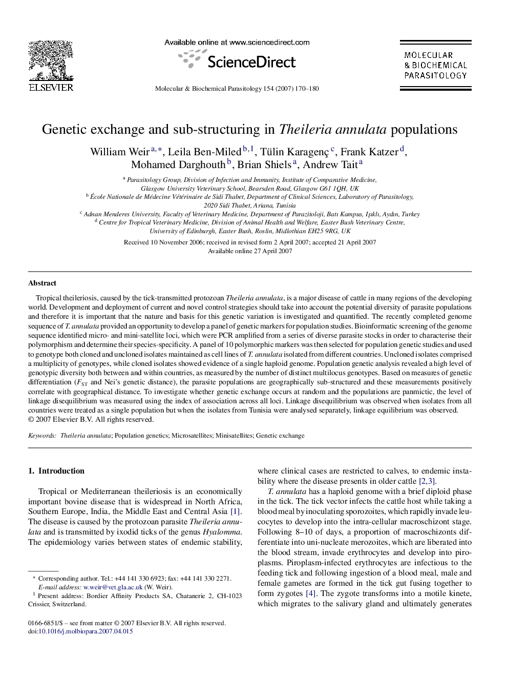 Genetic exchange and sub-structuring in Theileria annulata populations