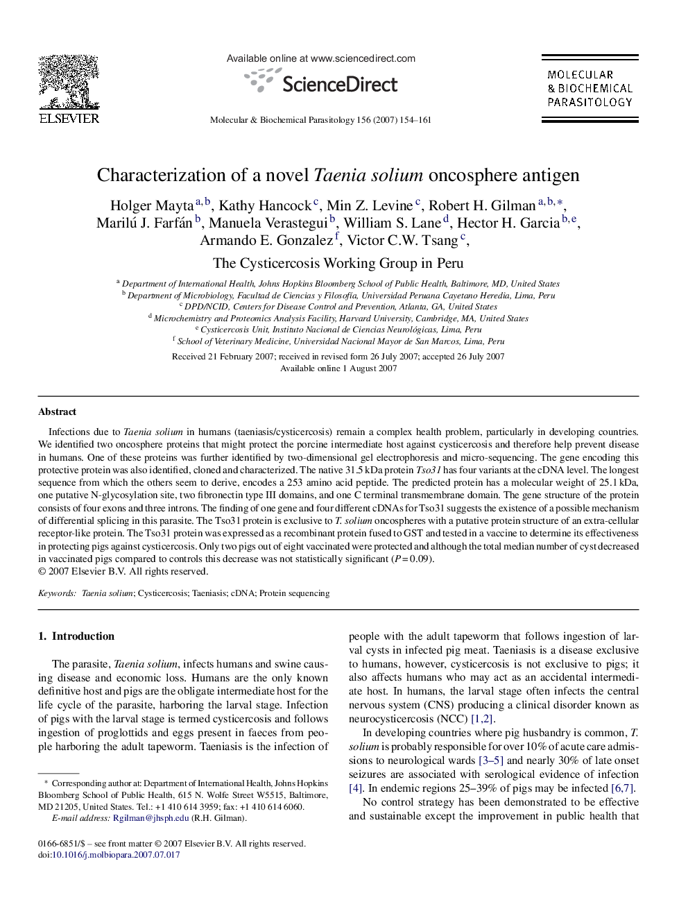 Characterization of a novel Taenia solium oncosphere antigen