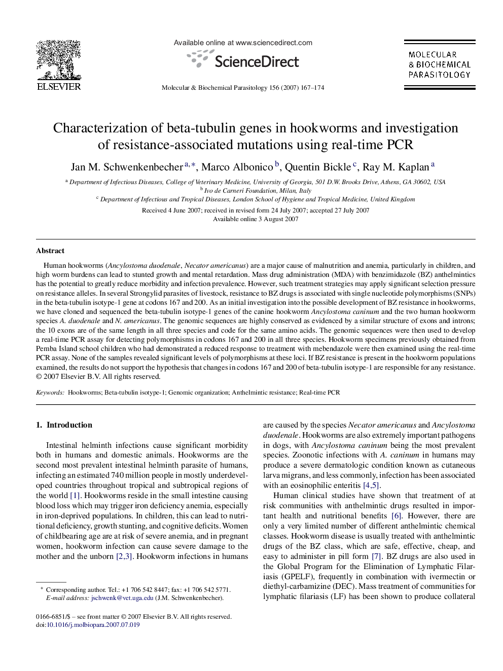 Characterization of beta-tubulin genes in hookworms and investigation of resistance-associated mutations using real-time PCR