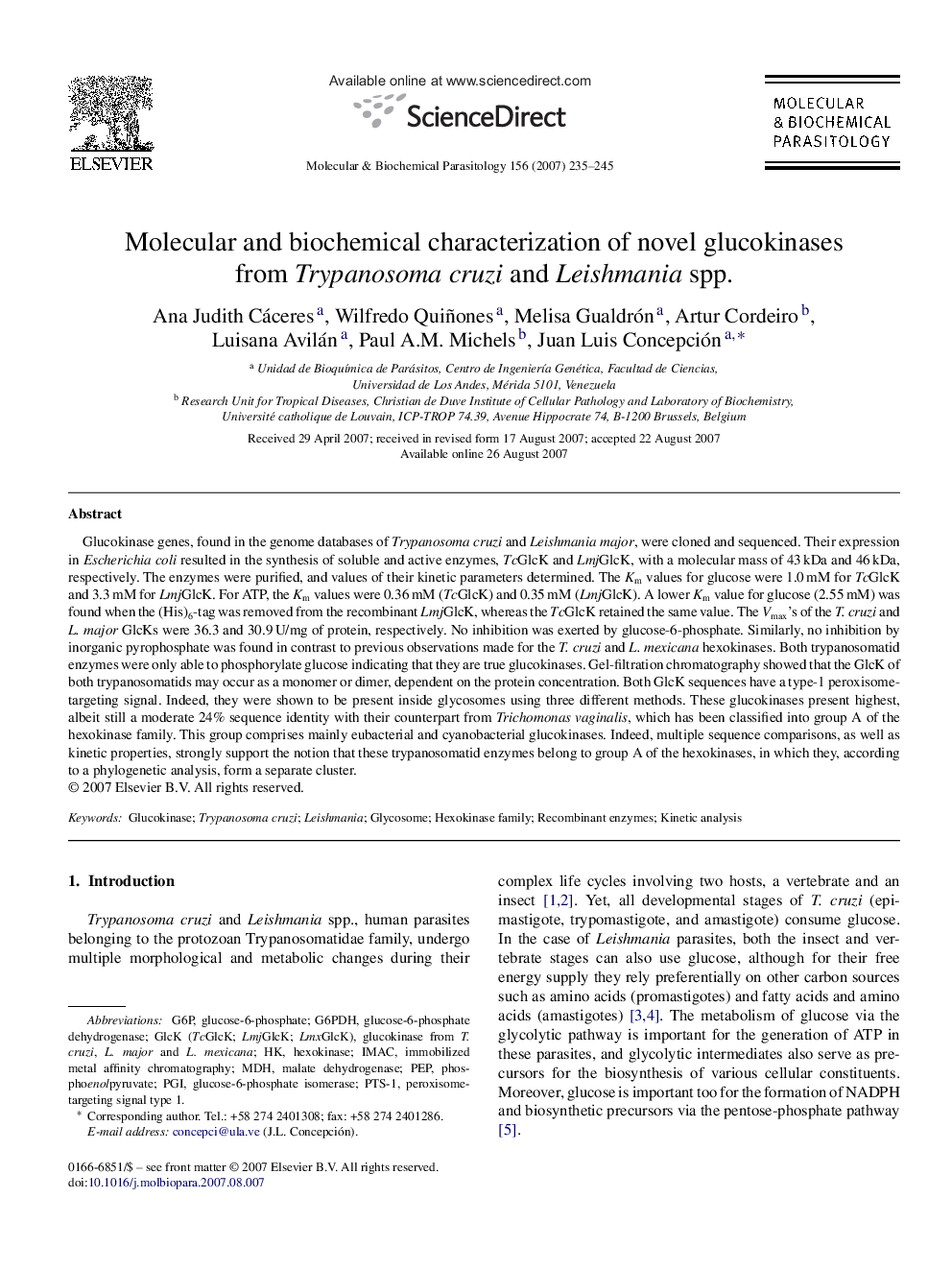 Molecular and biochemical characterization of novel glucokinases from Trypanosoma cruzi and Leishmania spp.