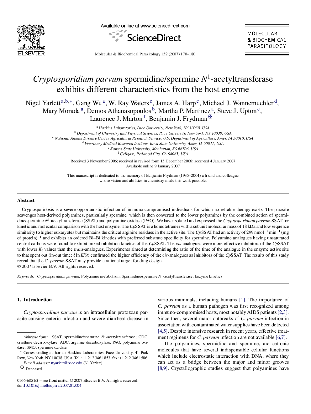 Cryptosporidium parvum spermidine/spermine N1-acetyltransferase exhibits different characteristics from the host enzyme
