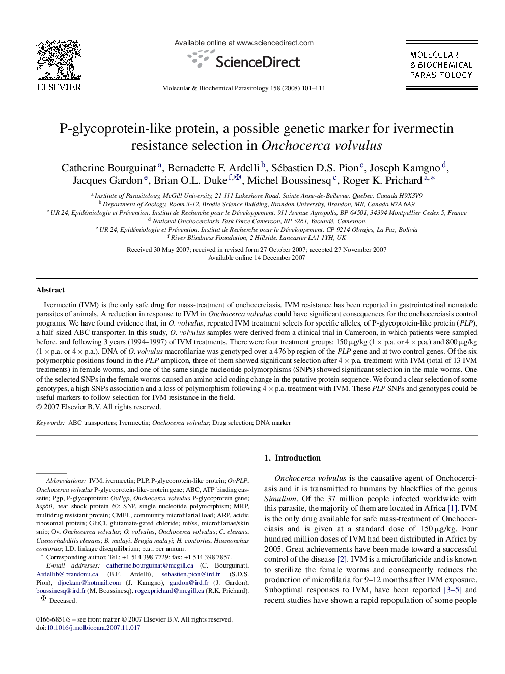 P-glycoprotein-like protein, a possible genetic marker for ivermectin resistance selection in Onchocerca volvulus