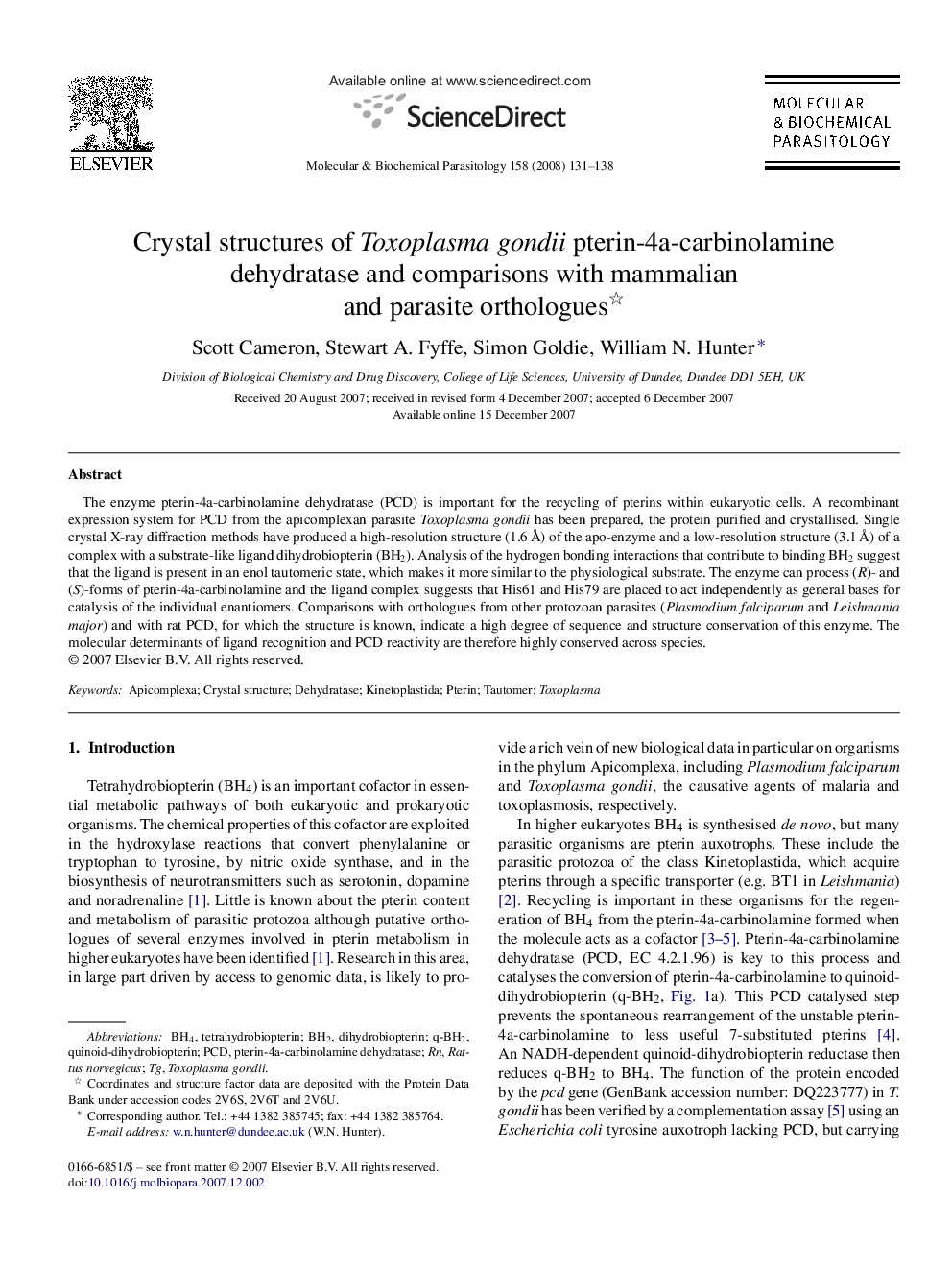 Crystal structures of Toxoplasma gondii pterin-4a-carbinolamine dehydratase and comparisons with mammalian and parasite orthologues