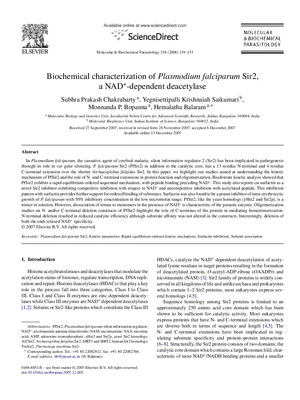 Biochemical characterization of Plasmodium falciparum Sir2, a NAD+-dependent deacetylase