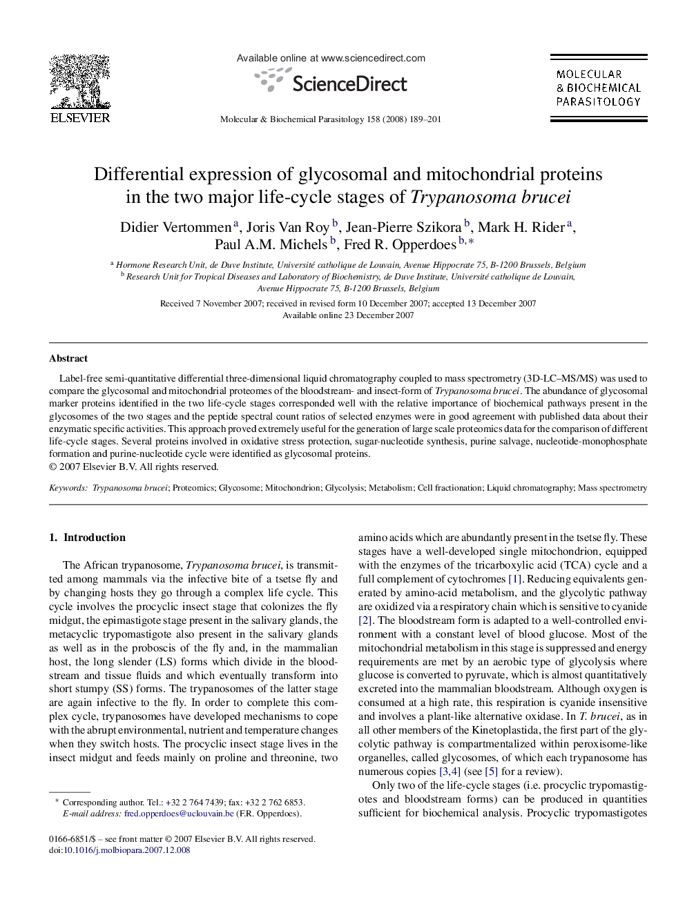 Differential expression of glycosomal and mitochondrial proteins in the two major life-cycle stages of Trypanosoma brucei