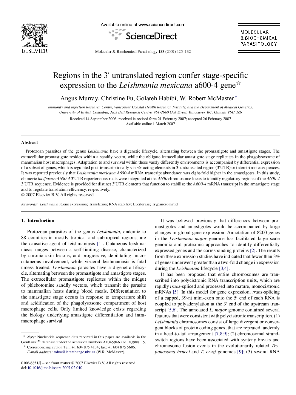 Regions in the 3â² untranslated region confer stage-specific expression to the Leishmania mexicana a600-4 gene