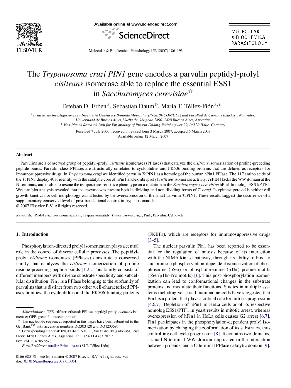 The Trypanosoma cruzi PIN1 gene encodes a parvulin peptidyl-prolyl cis/trans isomerase able to replace the essential ESS1 in Saccharomyces cerevisiae 