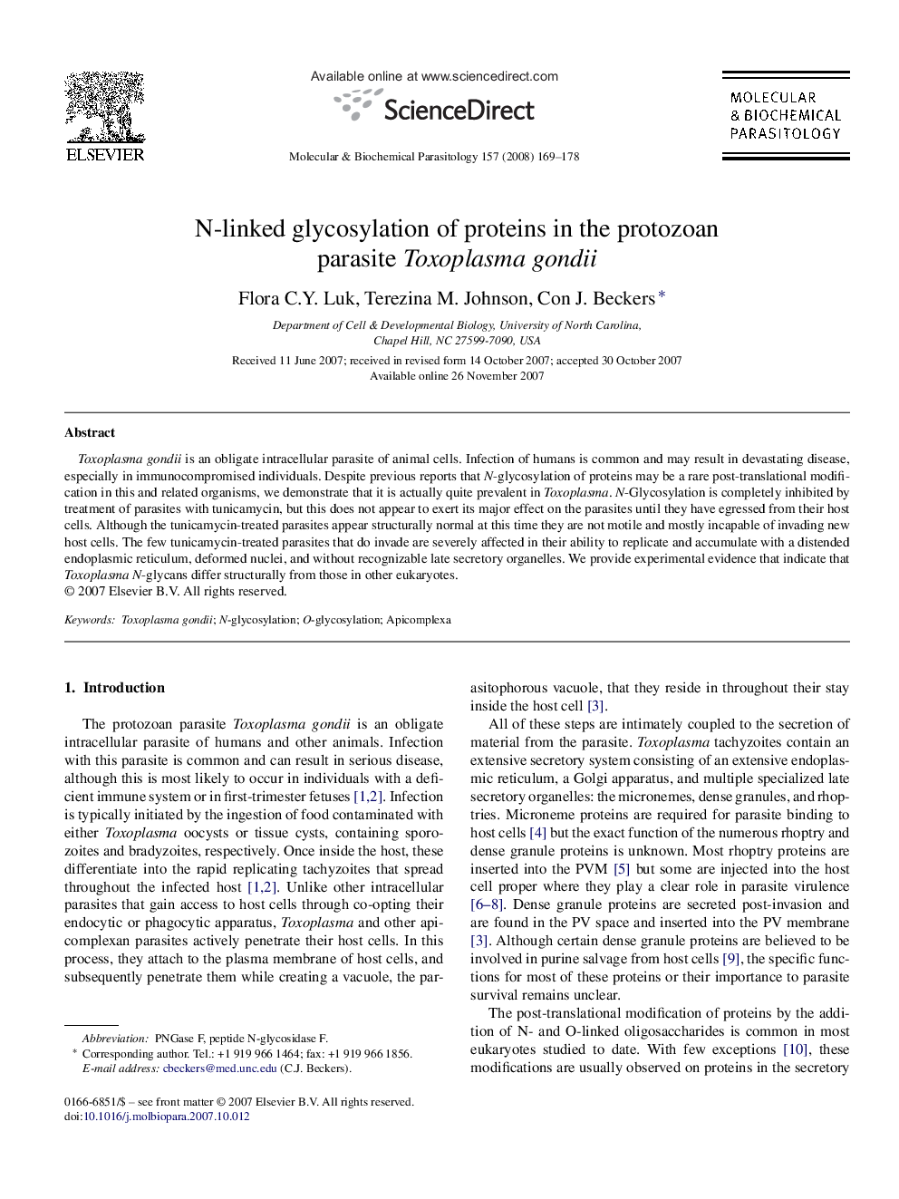 N-linked glycosylation of proteins in the protozoan parasite Toxoplasma gondii