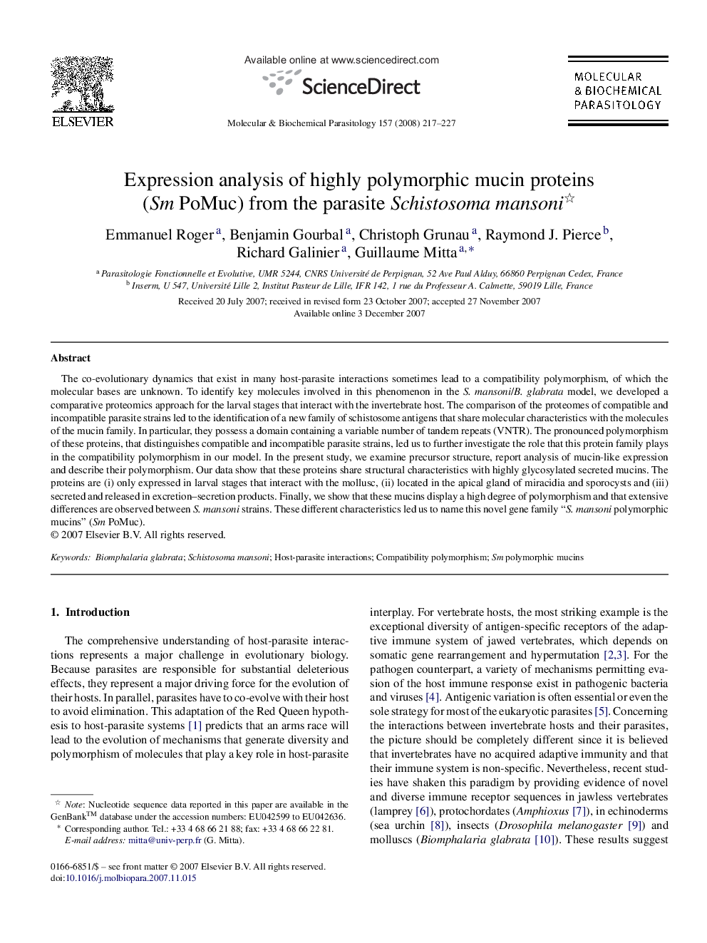 Expression analysis of highly polymorphic mucin proteins (Sm PoMuc) from the parasite Schistosoma mansoni 