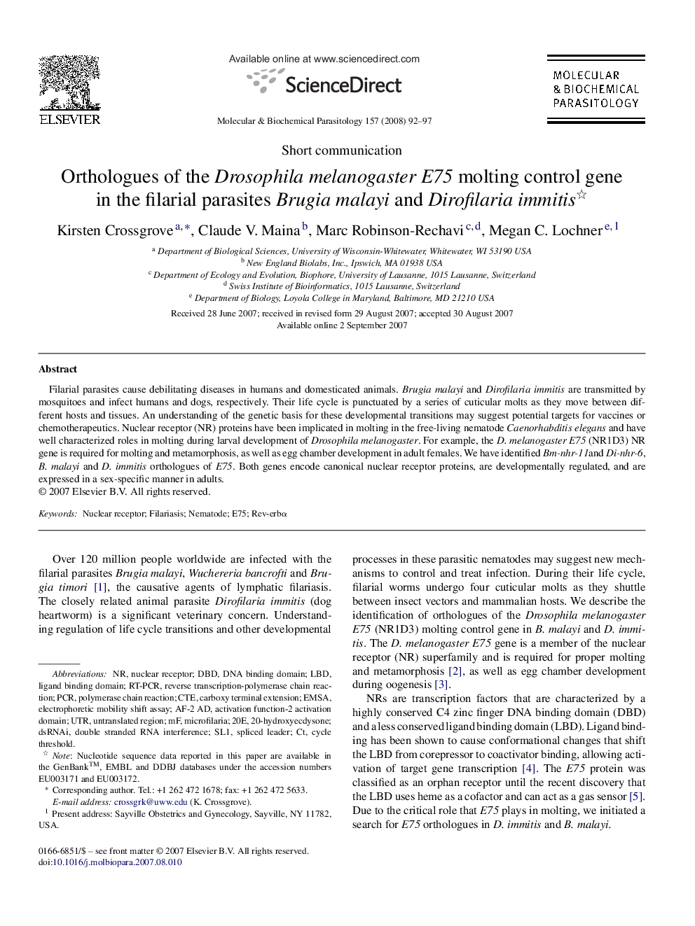 Orthologues of the Drosophila melanogaster E75 molting control gene in the filarial parasites Brugia malayi and Dirofilaria immitis 