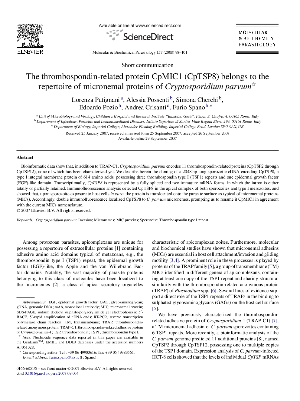 The thrombospondin-related protein CpMIC1 (CpTSP8) belongs to the repertoire of micronemal proteins of Cryptosporidium parvum 