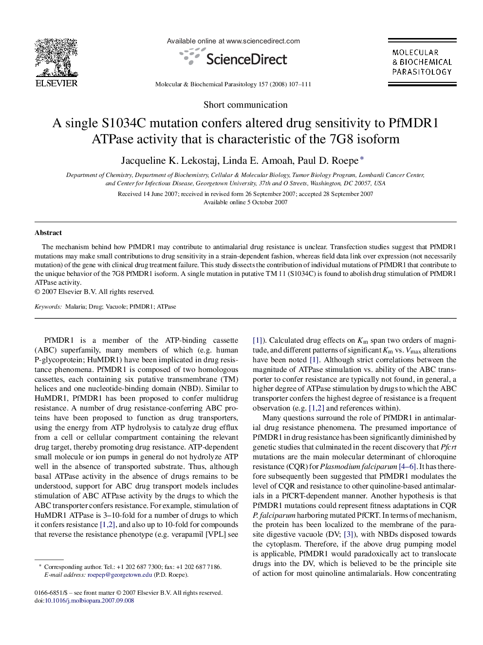 A single S1034C mutation confers altered drug sensitivity to PfMDR1 ATPase activity that is characteristic of the 7G8 isoform