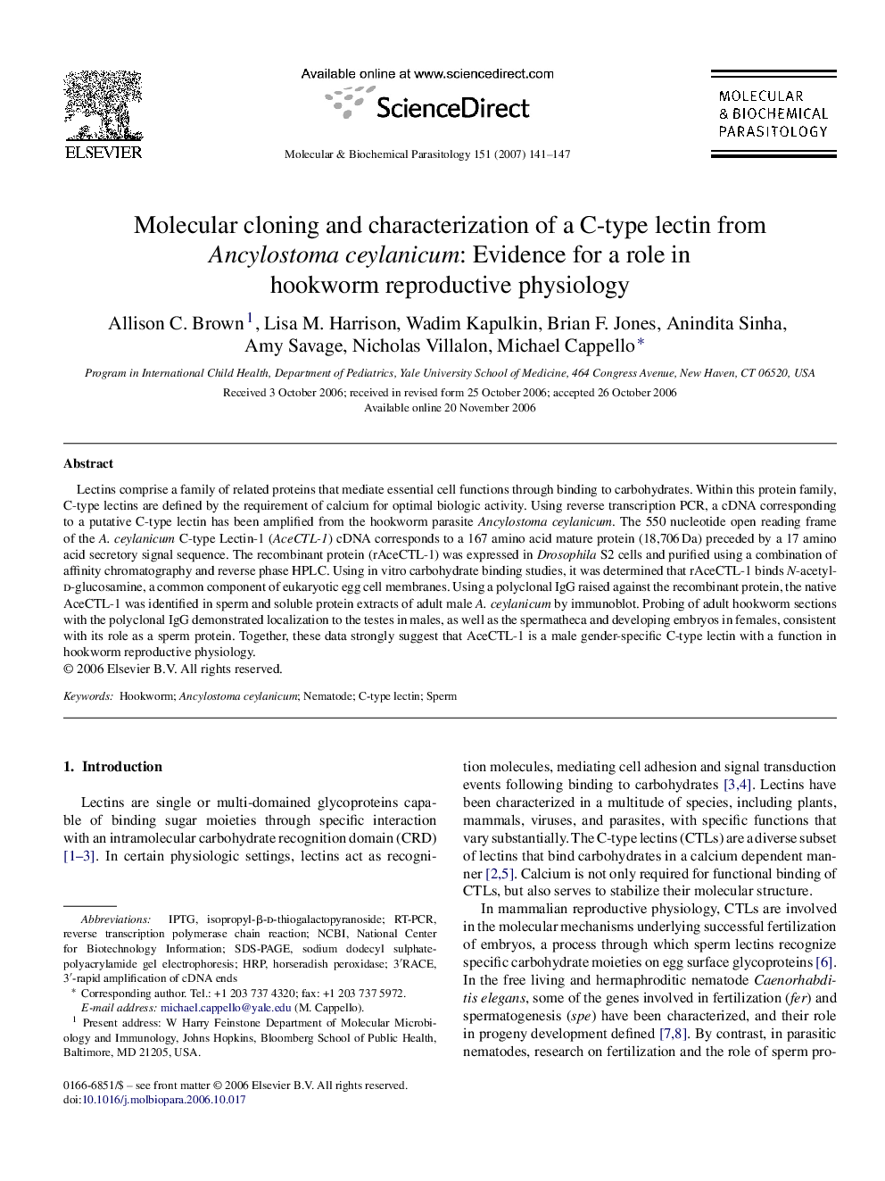 Molecular cloning and characterization of a C-type lectin from Ancylostoma ceylanicum: Evidence for a role in hookworm reproductive physiology