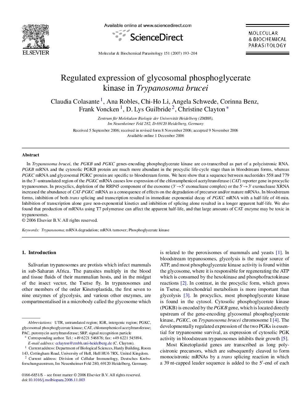 Regulated expression of glycosomal phosphoglycerate kinase in Trypanosoma brucei