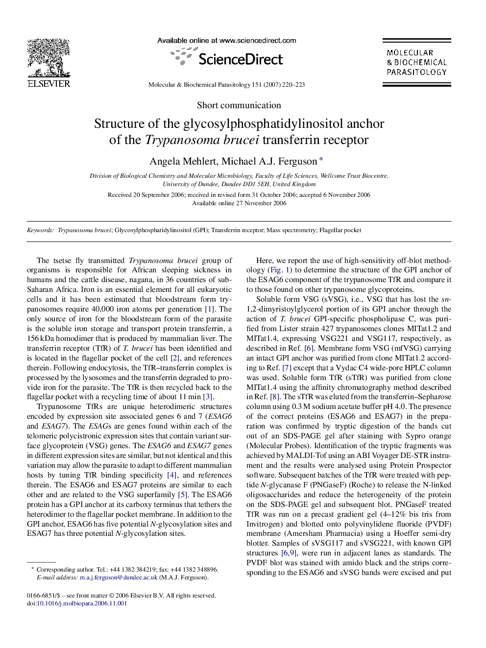 Structure of the glycosylphosphatidylinositol anchor of the Trypanosoma brucei transferrin receptor