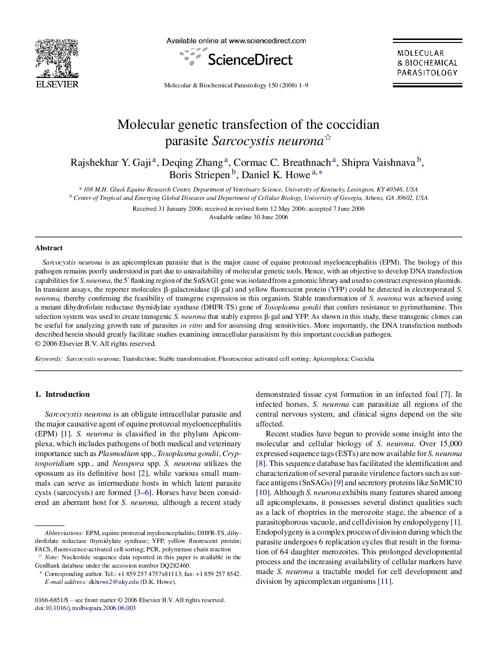 Molecular genetic transfection of the coccidian parasite Sarcocystis neurona 