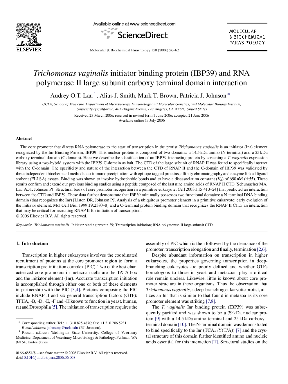 Trichomonas vaginalis initiator binding protein (IBP39) and RNA polymerase II large subunit carboxy terminal domain interaction