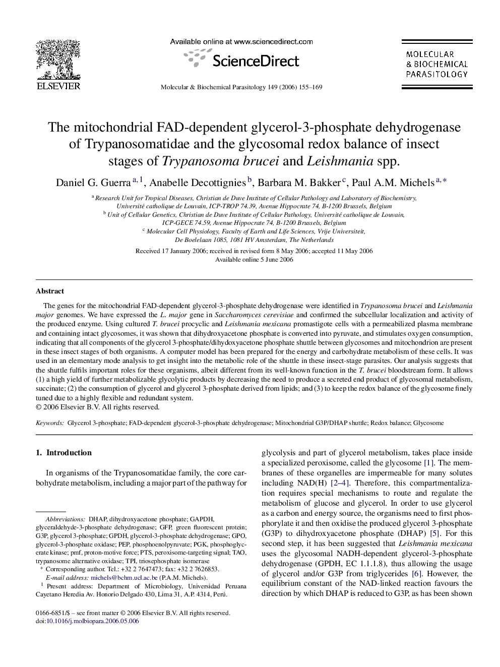 The mitochondrial FAD-dependent glycerol-3-phosphate dehydrogenase of Trypanosomatidae and the glycosomal redox balance of insect stages of Trypanosoma brucei and Leishmania spp.